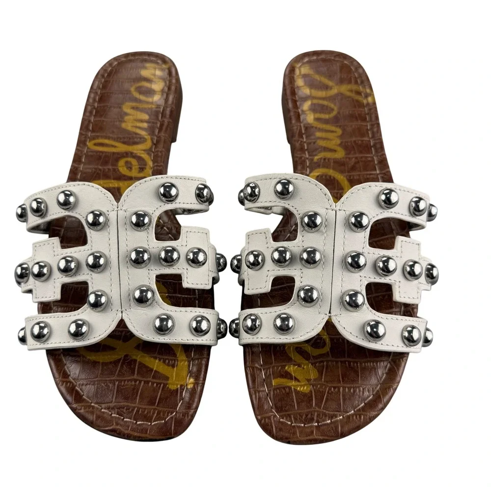 Sam Edelman Bay Studded Slide Sandals White Saddle Croc Embossed Leather 8.5
